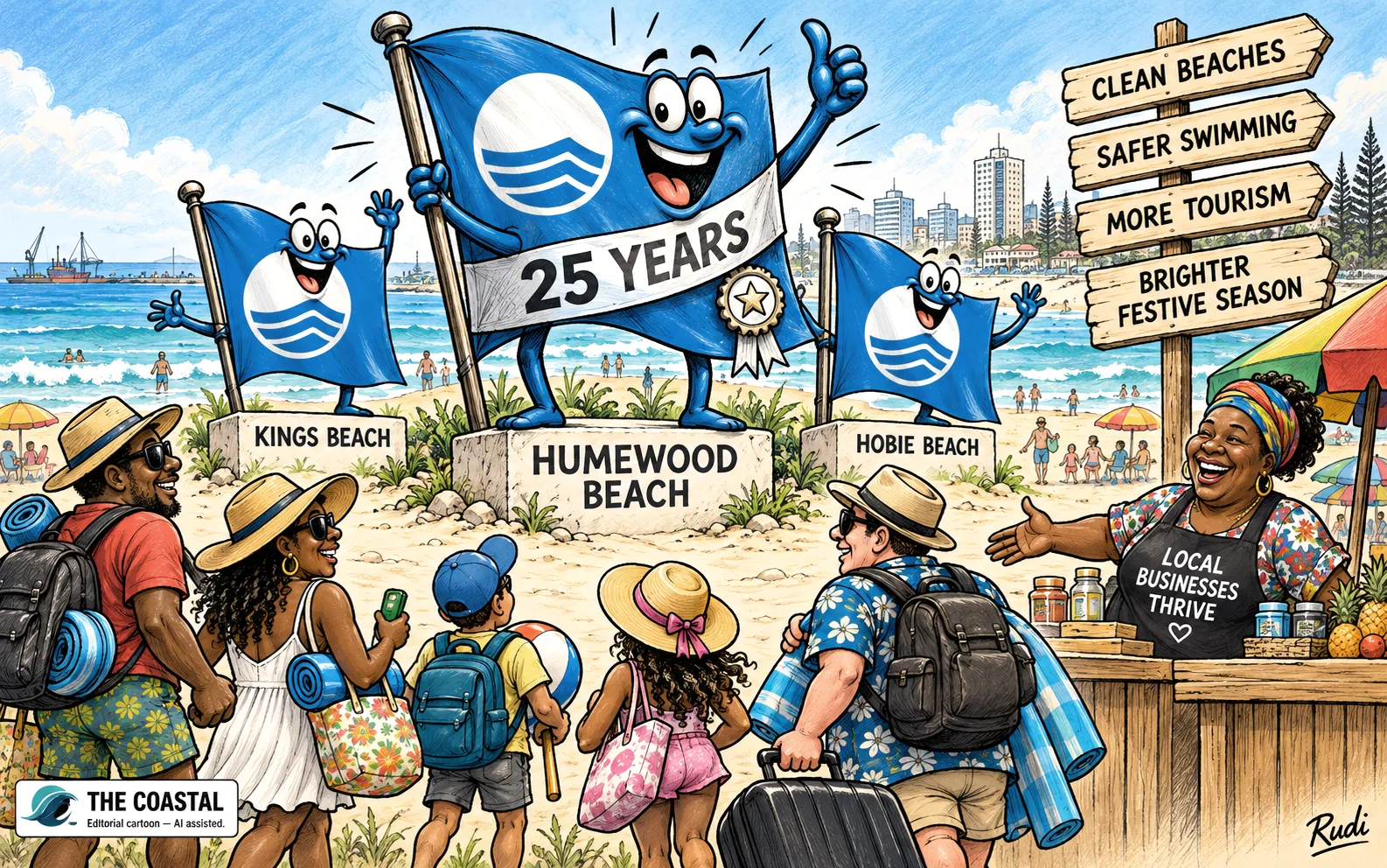 Editorial cartoon celebrating Humewood Beach’s 25 years of Blue Flag status. Three smiling Blue Flag characters represent Humewood, Kings and Hobie beaches, welcoming holidaymakers to the Eastern Cape coast. A wooden signpost highlights clean beaches, safer swimming and tourism, while a cheerful local vendor welcomes visitors.
