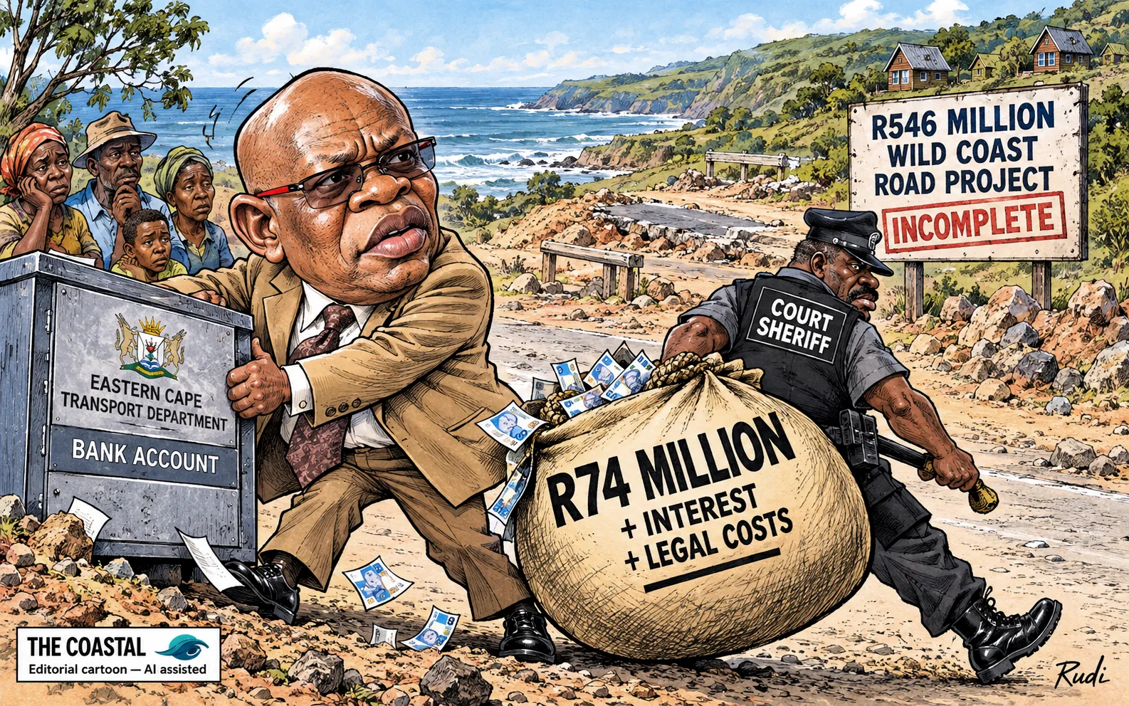 Editorial cartoon showing Eastern Cape Transport MEC Xolile Nqata struggling to hold onto the department’s bank account while a court sheriff carries away a huge sack marked “R74 million + interest + legal costs”. Behind them, an incomplete R546 million Wild Coast road project sits amid rubble, while concerned community members look on.