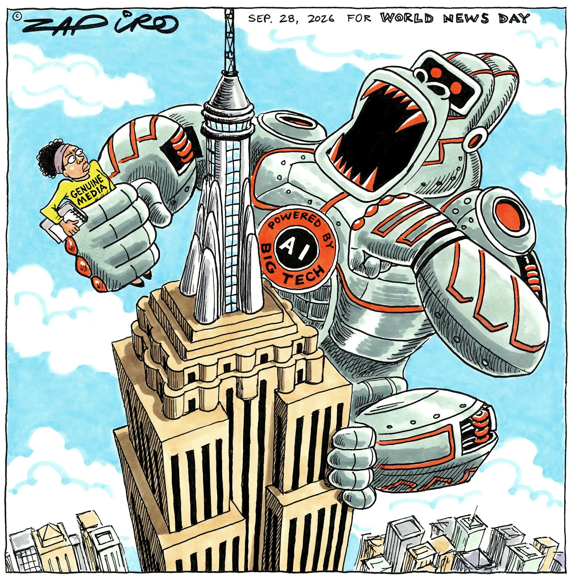 Editorial cartoon depicting a journalist surrounded by AI robots displaying exclamation marks, while he raises his hand beneath a large question mark. The scene highlights uncertainty about journalism in the age of AI.